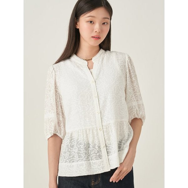 5부 소매 볼륨 블라우스  화이트 (BF5765C551)