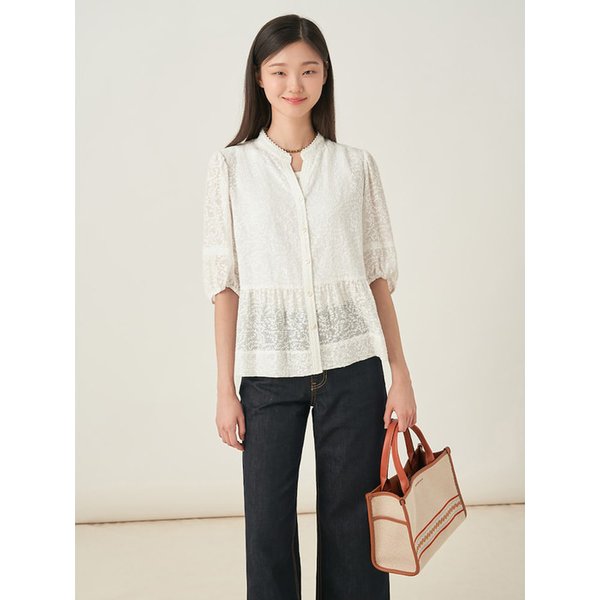 5부 소매 볼륨 블라우스  화이트 (BF5765C551)