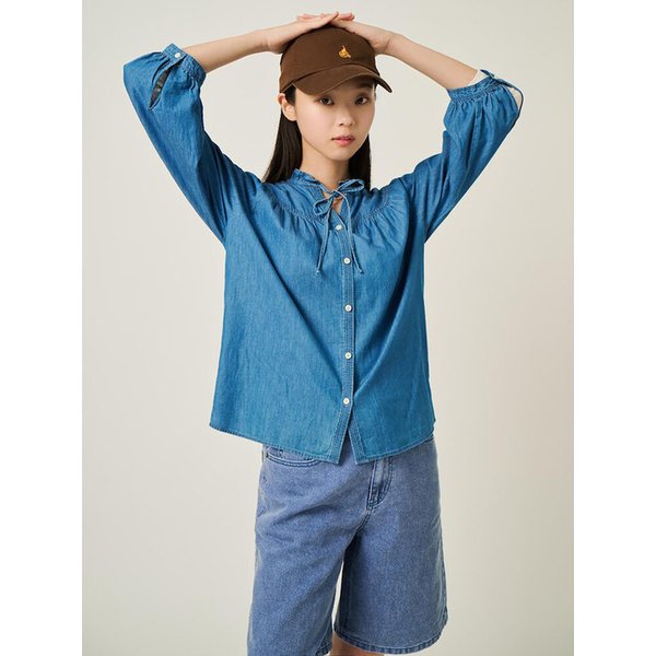 데님 러플넥 리본 타이 7부 소매 블라우스  블루 (BF5764C57P)