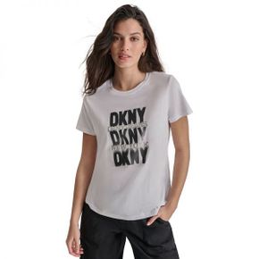 우먼 DKNY 디케이앤와이 진 글리터 Stencil 로고 그래픽 티셔츠 - WBV WHT/BLK/SIL 9028929