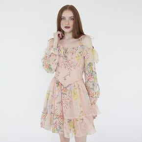 플라워 파티 오프숄더 드레스 (피치베이지) Flower party off shoulder dress (Peach beige)