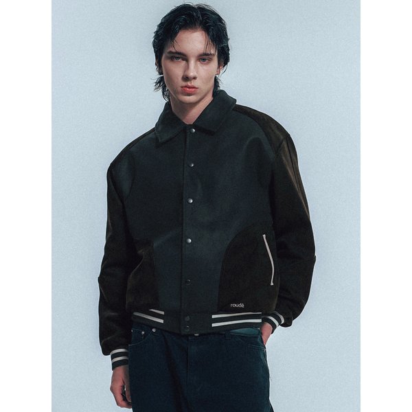 Vegan Suede Mix Fitted Varsity Jacket_Black