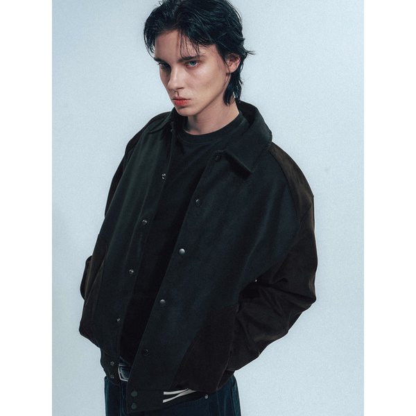 Vegan Suede Mix Fitted Varsity Jacket_Black