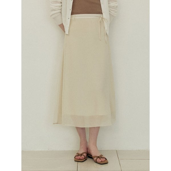 Double line ribbon strap long flare skirt - beige