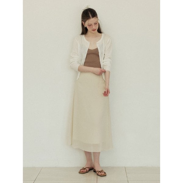 Double line ribbon strap long flare skirt - beige