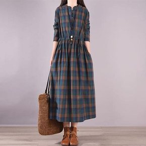 원피스 OPS 홈웨어 체크 롱 박시핏 긴팔 드레스 치마 여성
