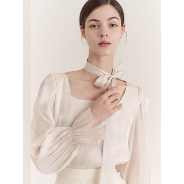 그레이스유 Daisy Satin Square-neck Blouse (Pink/Cream/Mint)