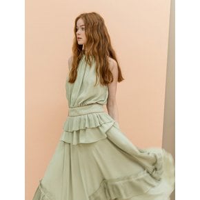 Bias Cut Trim Pleated Asymmetric Skirt_CELADON