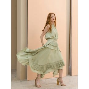 Bias Cut Trim Pleated Asymmetric Skirt_CELADON