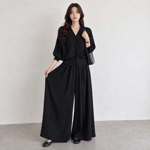미즈큐즈 / 가을 투피스세트 체형커버 링클 긴팔 가디건 와이드팬