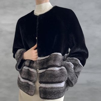 신세계라이브쇼핑 [옷자락] 여성 겨울 컬러블록 인조밍크 모임용 털코트 안감가죽 자켓