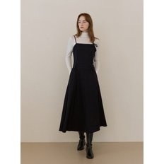 Shirring line ribbon long dress - navy