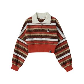 [ WOMAN ] KNIT STRIPE HALF ZIP-UP ORANGE