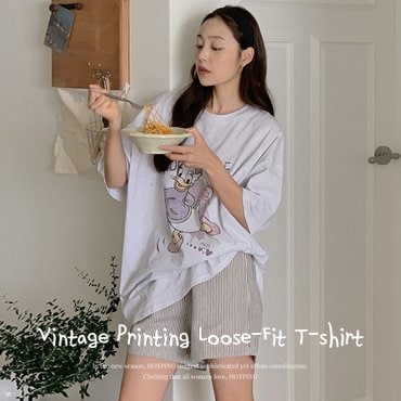 핫핑 빈티지덕 루즈핏 프린팅 반팔티셔츠(44~100) P000CNMI
