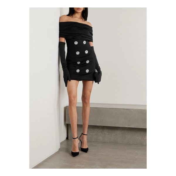 오프숄더 장식 주름 저지와 케이디 미니 드레스 블랙 1647597323486956