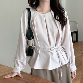 허리끈 핀턱 블라우스 라운드넥 긴팔 하객 셔츠 오피스룩_P435905071