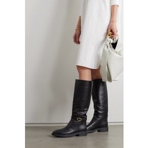 Ribbon Buckled Leather Knee Boots 블랙