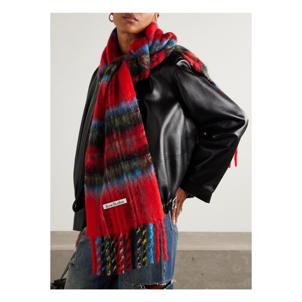 프린지 체크 모헤어 혼방 스카프 레드 46376663162899055