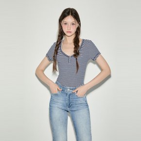 T32E6TTO31TWT1C1G 슬림 헨리 스트라이프 브이넥 티셔츠