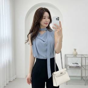 롱 타이 투웨이 나시 블라우스 터틀 드레이프 민소매 쉬폰 브라우스