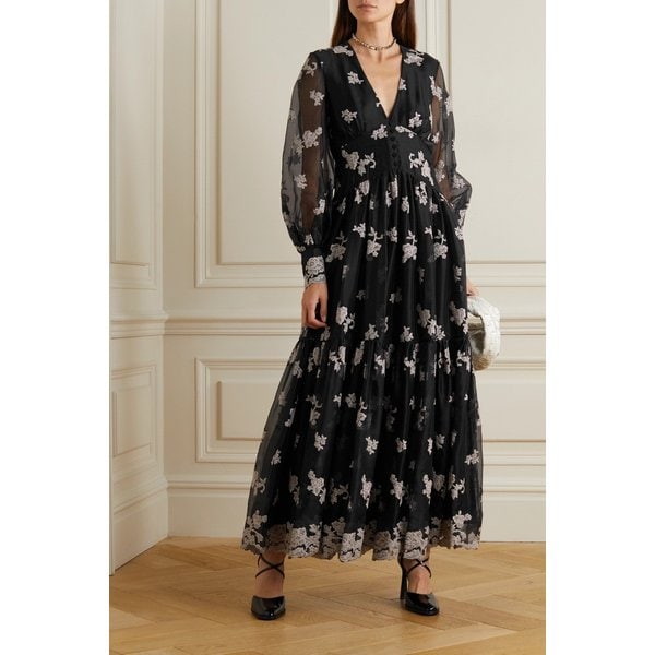 타베사 티어드 자수 실크 오간자 맥시 드레스 블랙 1647597283366077