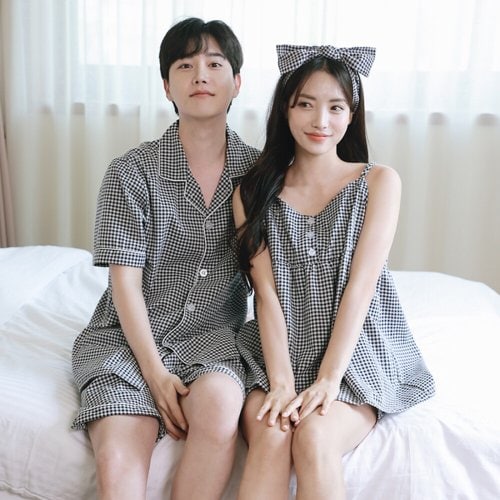 김양리빙 / 블랙 체크 지지미 여름 나시 커플 잠옷