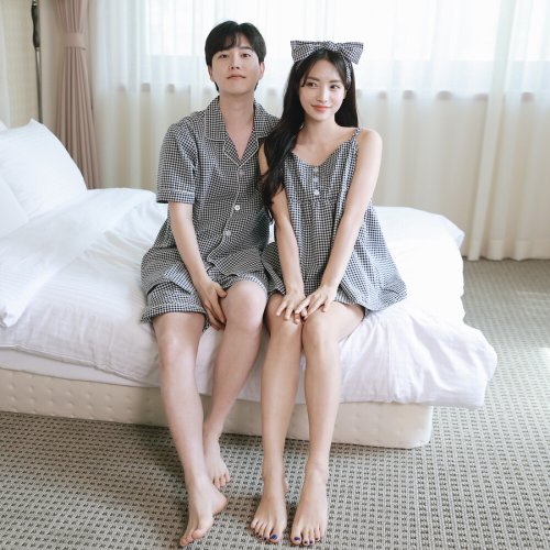 김양리빙 / 블랙 체크 지지미 여름 나시 커플 잠옷