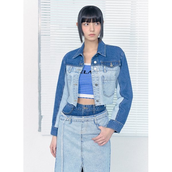 [시흥점] 여성 플라워 프린팅 포인트 투톤 데님 자켓  ( ES2DZ861)