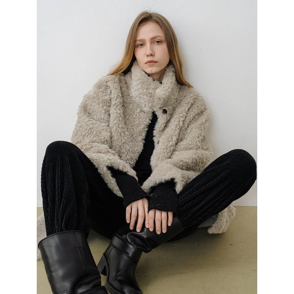 하이넥 빈티지 하프  퍼 무스탕 코트 GREY