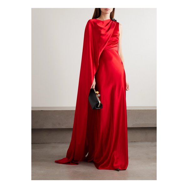 살로니 피닉스 케이프 이펙트 크리스털 장식 드레이프 새틴 가운 레드 46376663162908488