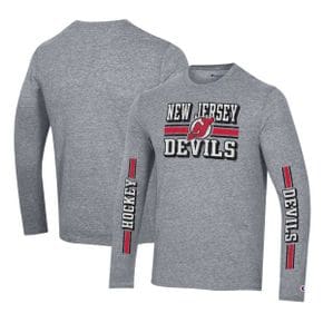 5118128 Champion Mens Heather Gray New Jersey Devils Tri-Blend Dual-Stripe Long Sleeve T-S