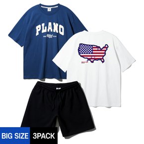 [빅사이즈][3PACK] 2XL~4XL PLANO 로케이션 오버핏 반팔티 스웨트 반바지 셋업