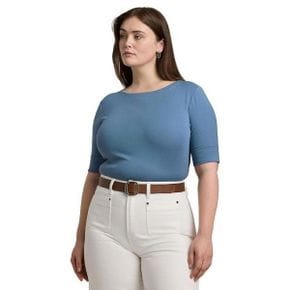 우먼 Lauren Ralph Lauren Plus-Size 코튼 블렌드 보트넥 탑 - Pale Azure 8978560