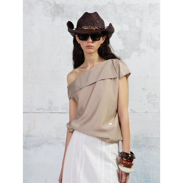 One Shoulder Silky Tencel Blouse, Beige