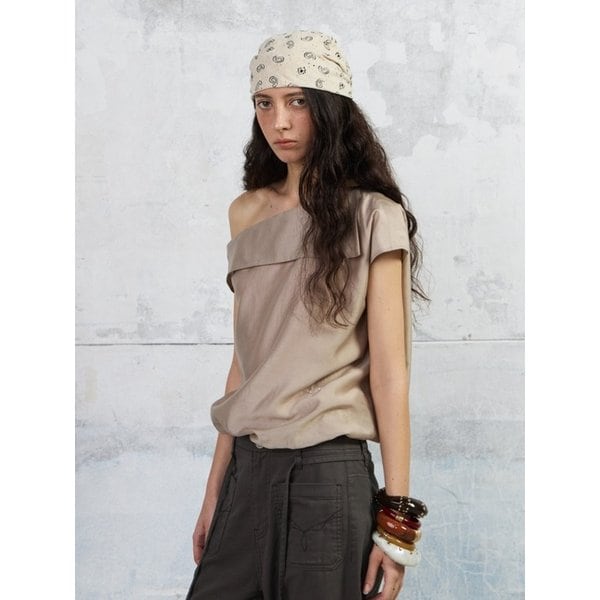 One Shoulder Silky Tencel Blouse, Beige