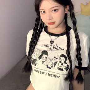 소녀 프린팅 배색 크롭티 LM 0054_P342692584