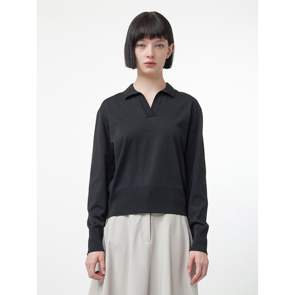 [WOMEN] 오픈 카라 니트 - 블랙 HEW0001AKZBLK