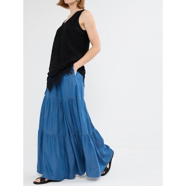 TENCEL DENIM TIERED SKIRT - DEEP BLUE