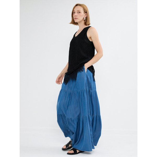 TENCEL DENIM TIERED SKIRT - DEEP BLUE
