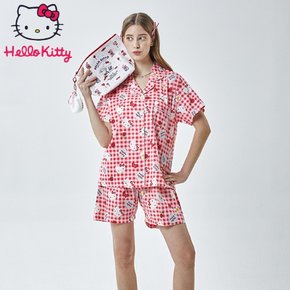 산리오 정품 프리미엄 면 잠옷 반팔 페어 반소매 레드체크 파자마 세트 HK-4614