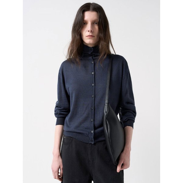 투웨이 울 혼방 하이넥 니트 가디건-네이비