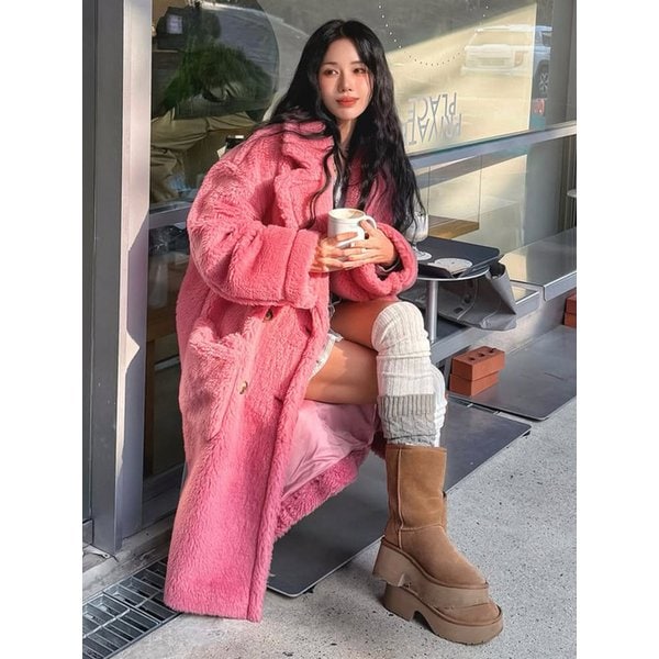 테디베어 오버핏 더블 롱 울 코트 [핑크]