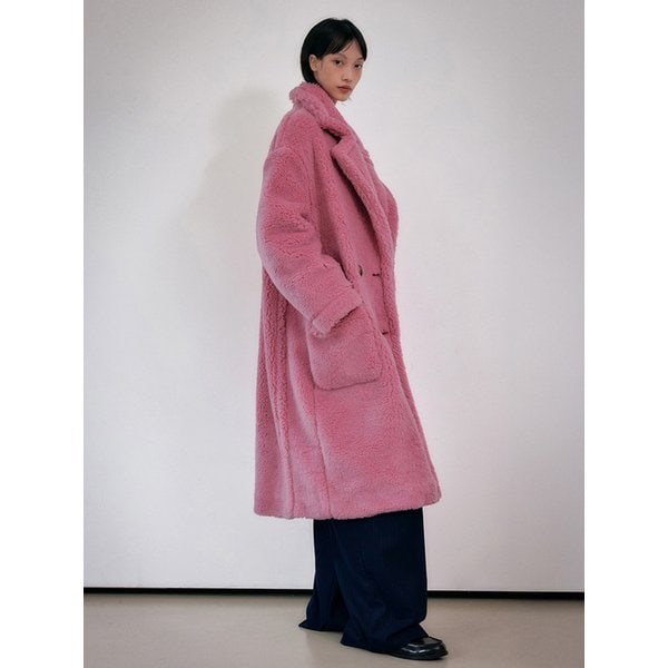 테디베어 오버핏 더블 롱 울 코트 [핑크]