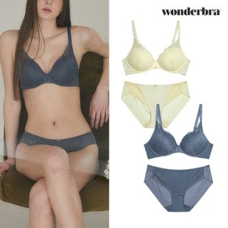 WONDERBRA 노와이어 플로럴 브라팬티 4종세트 레몬옐로우 네이비 WBW3M4042_T