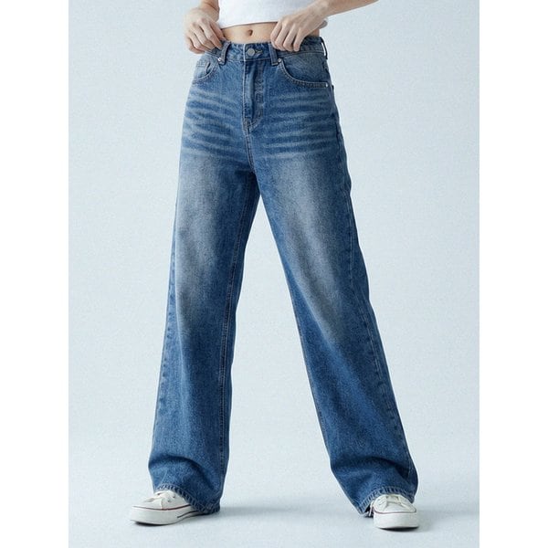 Vintage fade wide washed denim pants Dark blue