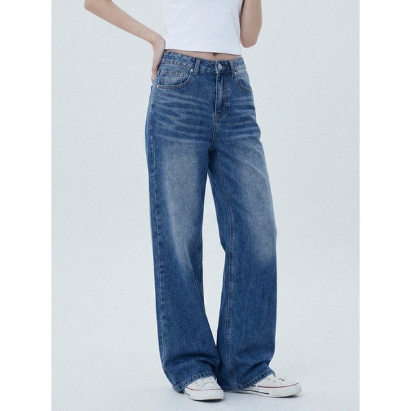 Vintage fade wide washed denim pants Dark blue