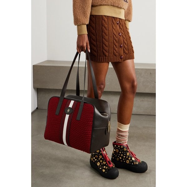 가죽 스트라이프 캔버스 트리밍 퀼티드 펠트 토트백 46376663162910756