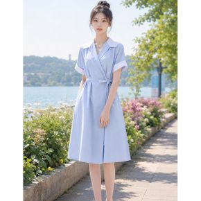 마린배색 랩 코튼혼방 벨티드 원피스 GAMOP14G _P336030315