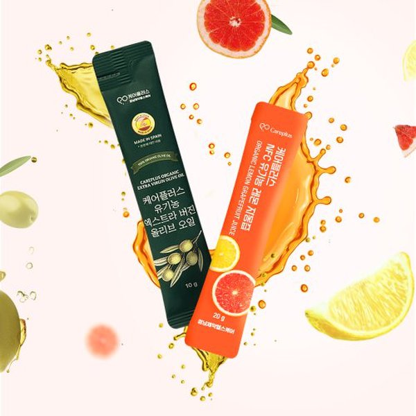 [2+2올레샷SET] 케어플러스 유기농 엑스트라 버진 올리브 오일 스틱형 2박스+NFC 유기농 레몬자몽즙 2박스