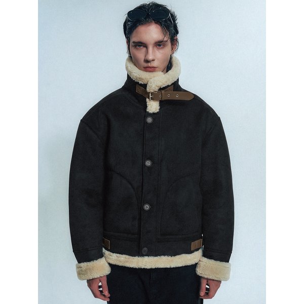 Vegan Suede Aviator Shearling Jacket_Black